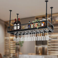 Ceiling Mounted Hanging Wine Bottle Holder, Shelf Champagne Glass Rack Black