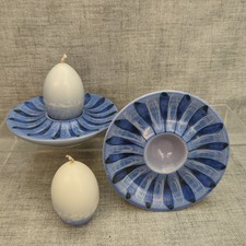 2 Vintage Wimborne Studio Pottery Blue Egg Cup Candle Holders