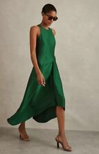 REISS Micah Satin Drape Tuck Midi Dress in Green