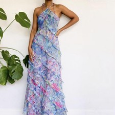 Zara Blue Printed Halter Maxi