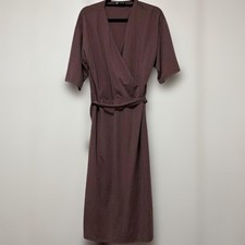 ZARA Brown Wrap Dress L Cotton Belted Short Sleeve Made in Japan