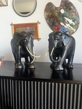 LARGE 6.7kg  PAIR OF  EBONISED HAND CARVED WOODEN ELEPHANTS