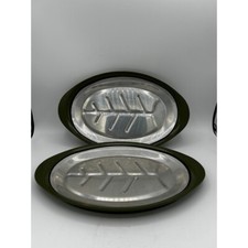 Vintage Aluminum Meat Platter Tray Olive Green BBQ Steak Sizzle Set of 2