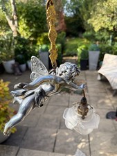 Antique silver metal flying putti cherub pendant chandelier frosted flower shade