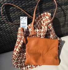BNWT ZARA REAL LEATHER + FABRIC SHOPPER + ATTACHED  LEATHER BAG/ PURSE.