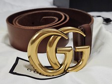 Authentic Brown Leather Gucci Belt 1.5" Width Gold GG 32/34 95cm Unisex