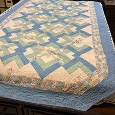 Vintage Handmade Quilt Log Cabin Twin Or Daybed Size 53x97 Blue Pink Floral