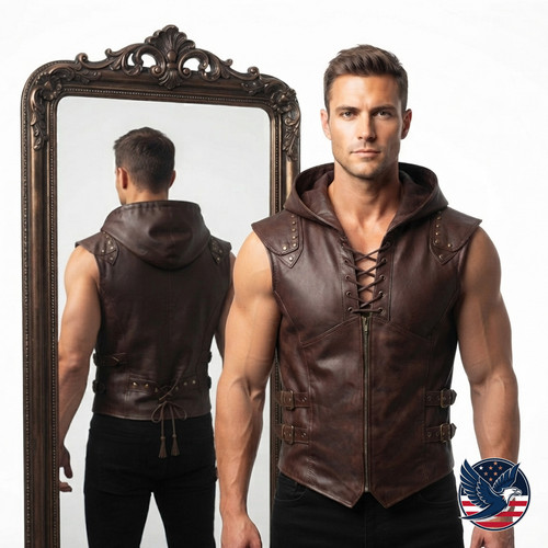 Men brown leather - brown, hooded