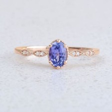 14k Rose Gold Natural Blue Tanzanite and Diamonds Vintage Engagement Dainty Ring