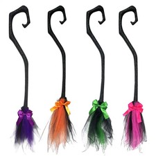 Halloween Witch Broom 37IN Witches Brooms with Ribbon Portable Scary Decorations