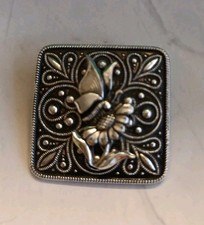 Vintage Scarf Clip/Ring Square Silver & Black Metal Flower & Butterfly Pattern