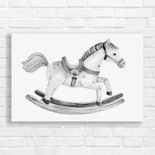 Whimsical Wooden Rocking Horse Black White Canvas Print Large Picture Wall Art