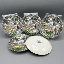 Vintage Myott The Hunter Saucers X5 Hand Painted Scalloped Edge Multi Colour