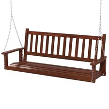 3-Person Wooden Garden Swing Bench Porch Hanging Swing Chair with Seat Brown