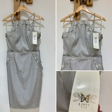 £90 NWT Lipsy VIP Lace Applique Silver Occasion Party Pencil Dress She UK 14
