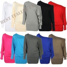 WOMEN'S BATWING BAGGY TOP JUMPER JERSEY LADIES LONG SLEEVE OFF SHOULDER TOP SIZE
