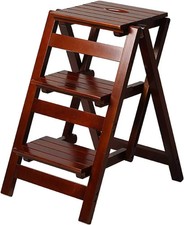 3 Step Stool Wooden Folding Ladder Chair Thickened Library Dark Coffee Color