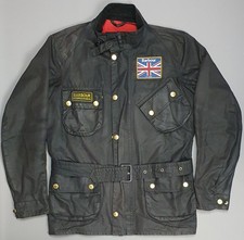 Barbour International Union Jack UK Flag Wax Biker Jacket Size XS Belted