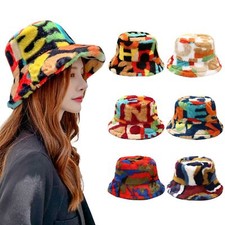 Winter Bucket Hats Furry Faux Fur Fisherman Hat Soft Print Warm Plush Fluffy Cap