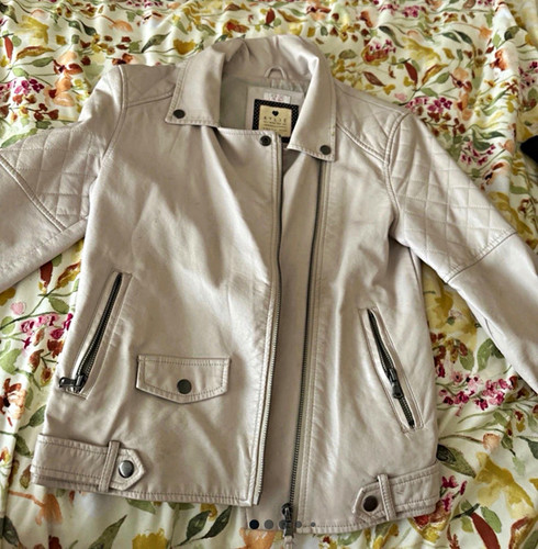 Girls cream leather biker - cream,