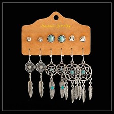 6 Pcs/Set Vintage Silver  Dream Catcher Drop Dangle Earrings Ethnic Stud Earring