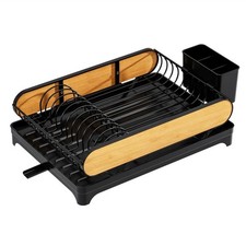 Kitchen Dish Drainer with Cutlery Holder – Large Metal & Wooden Dish Rack