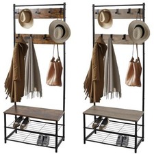 Coat Rack Stand with Shoe Storage Bench 9 Hooks Rustic 2 Colours Entrance Hall