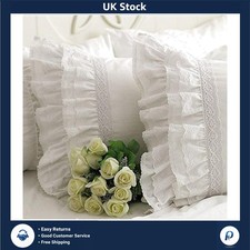 Vintage White Cotton Pillowcase with Floral Lace Ruffles - Standard 20"x30"