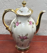 Vintage Porcelain Coffee Pot Bareuther Waldsassen”Pink Roses” Gold Trim Germany