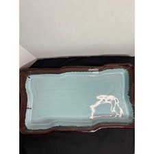 Rectangular Serving Platter Brown Rim Light Blue Center Decorative Display Tray