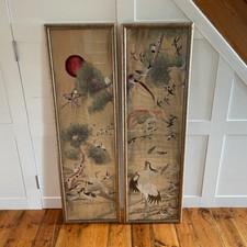 Large Silk Embroidery Crane Panels Vintage Asian Pictures Framed Art Pair