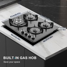 60cm Gas Hob 4 Burners Black Glass Built in Gas Cooktop Cast Iron Support NG/LPG