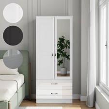 Gloss Mirrored 2 Door Wardrobe with 2 Drawers Wooden Bedroom Storage Furniture