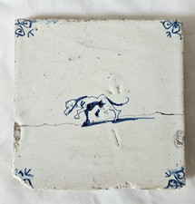 CHARMING DELFT ANTIQUE 5 INCH TILE ANIMAL FIGURE B REPAIRED