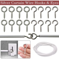 NET CURTAIN WIRE WHITE WINDOW VOILE CABLE CORD WITH HOOKS & EYES 2/3/4/5/10/25M