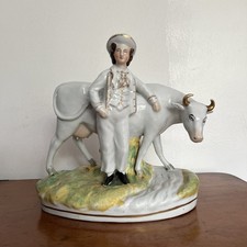 Antique Staffordshire Herd Boy & Cow Figurine Porcelain Collectible Vintage