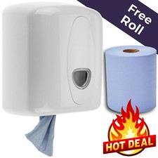 Centerfeed Wall Dispenser with a Roll of Blue Center Feed Pull Wipes WC