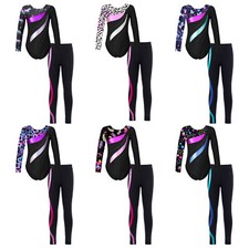 Kids Girls Outfit Long Sleeve Set Metallic Leotard Sheer Dancewear Striped Side