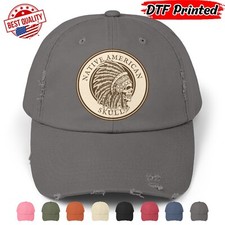 Native American Skull Distressed Cap Indian Symbol Hat Classic Flag DTF Printed