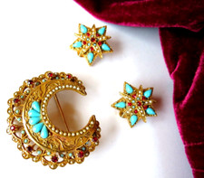 Coro Ornate Crescent Moon Brooch Pin & Star Earring Matching Set Ruby Turquoise