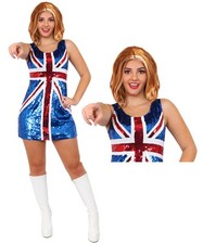 LADIES UNION JACK SEQUIN DRESS GINGER WIG 90S GREAT BRITAIN COSTUME FANCY DRESS