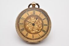 18ct Gold Highly Detailed Open Faced Pocket Watch gold Floral Dial Engraved Back