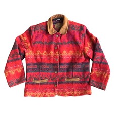 Vintage Woolrich Aztec Western Jacket Women’s L Red Navy Suede Collar USA Made