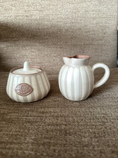 Prinknash Pottery 2 Piece Set, Milk Jug And Sugar Bowl, Beige And White Stripe