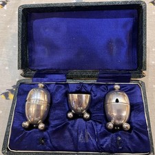 Vintage Silver Plated 3 legged cruet set Salt & Pepper & cup Early 1900s