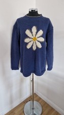 Pachamama Jumper M Blue daisy Handmade Chunky Knit Flower Wool Amano Like