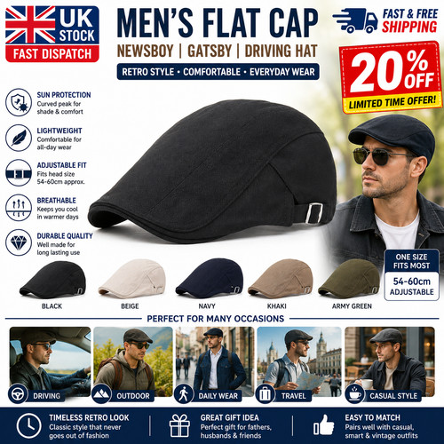 Men flat cap washed newsboy - flat,