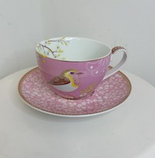 PiP Studio Pink Bird Teacup & Saucer Set Porcelain Floral Gold Trim Shabby Chic