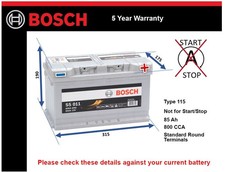 Car Battery S5011 Bosch 115 800A 85Ah 5Yr Warranty 315x175x190