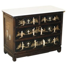 ANTIQUE CHINESE CHINOISERIE SOAPSTONE CARVED COMMODE CHEST OF DRAWERS MARBLE TOP